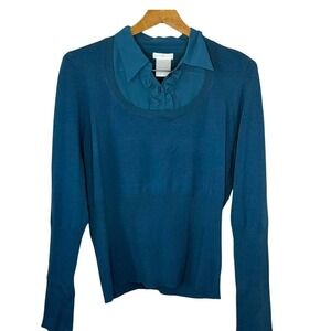 NWT Worthington Blue Sweater Sheer Ruffle Collar Underlay Business Blouse SZ XL